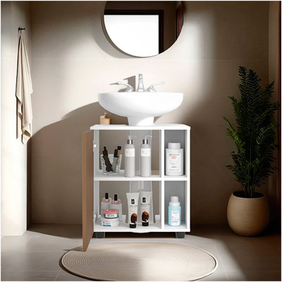 Armoire sous l'évier à deux tablettes latérales avec une porte, avec découpes et rangement compact pour salle de bain autoportante de 22 po.