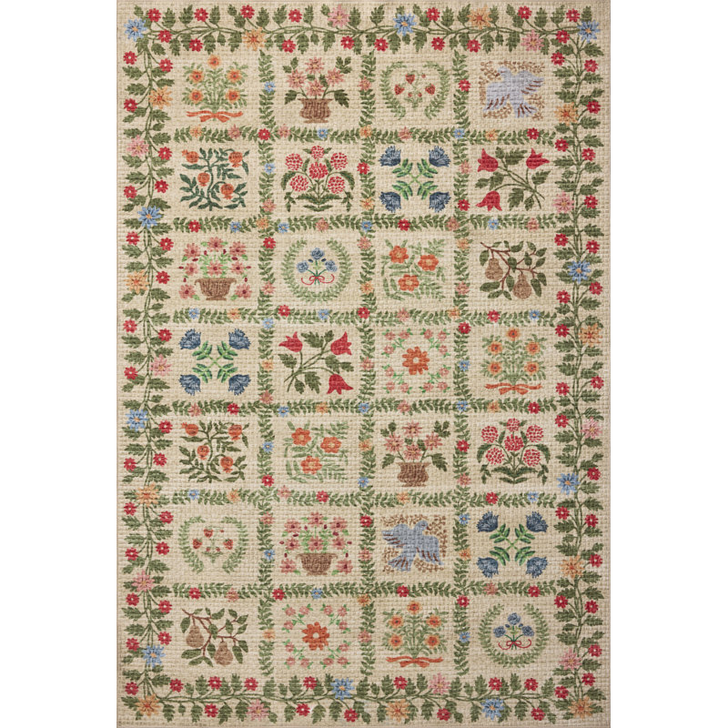 Rifle Paper Company x Loloi Orchard Beige / Multi Machine Washable Area Rug, Rectangle 3'6" x 5'6", Beige/Multicolor