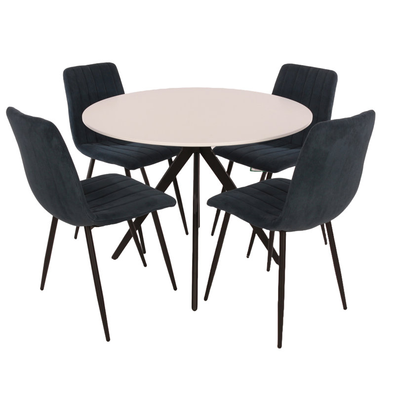 Huetter aspen 1000mm oak foiled round table & 4 fabric chair Set, Blue, White