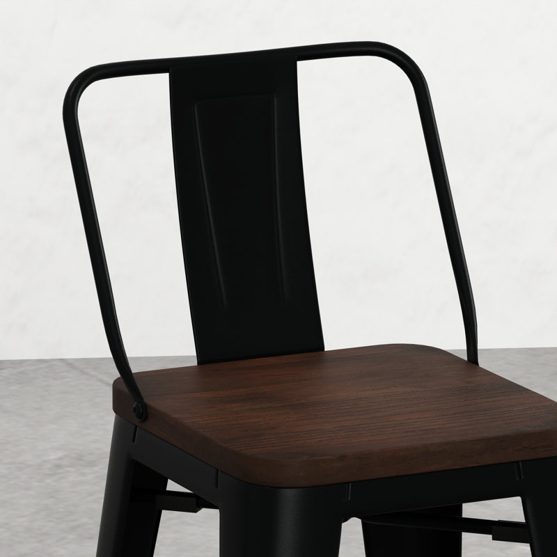 Tabouret à hauteur de comptoir en métal et bois (4) - Élégant siège à dossier incurvé et solide avec accoudoir croisé thermolaqué noir, 4 tabourets au design industriel et sièges pour la stabilité