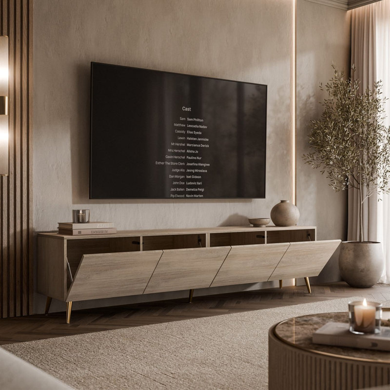 COLGANTE TRAVERTINE 200 cm TV Stand with Legs, Angled Gold Legs