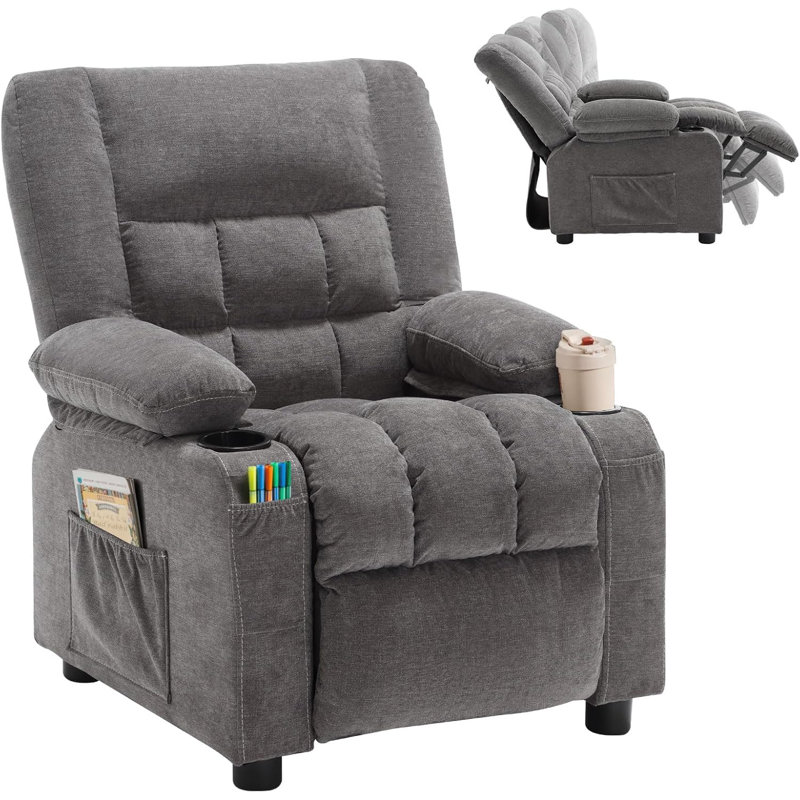 Fauteuil inclinable pour enfants avec porte-gobelets et poches latérales BOSMILLER, Gris