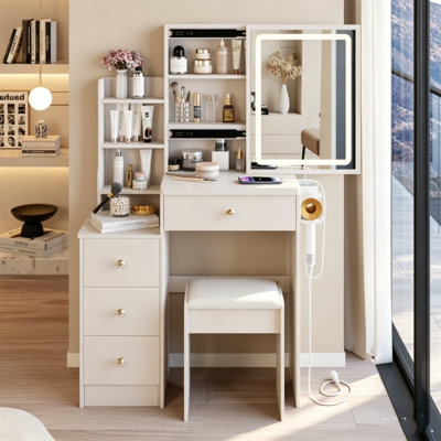Ensemble de petite coiffeuse 29,2 po avec armoire latérale gauche et tabouret rembourré, très grand miroir coulissant à DEL tactile avec 3 modes d'éclairage réglables, 2 ports de charge CA et 2 ports USB intégrés, support pour sèche-cheveux