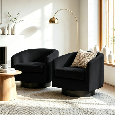 Fauteuil demi-tonneau pivotant en velours noir avec base en bois massif Eugenie Applewold