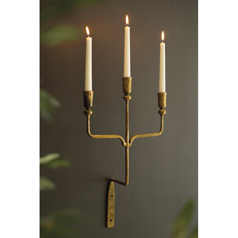 Kalalou Triple Taper Forged-Iron Wall Sconce – 19.5" Tall Antique Brass Candleholder, Set Of 2
