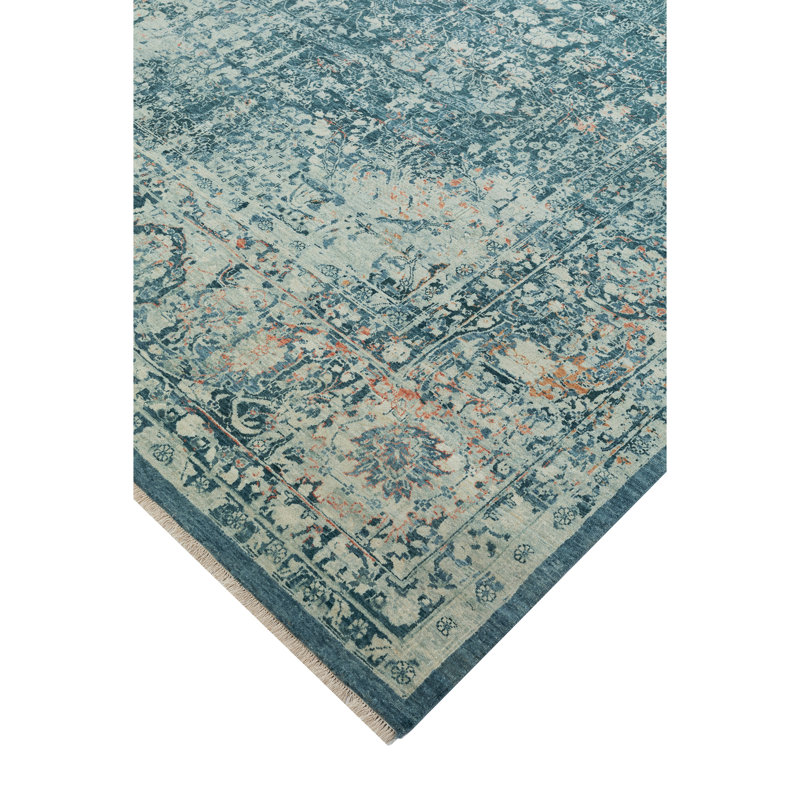 Wool Oriental Area Rug in Teal/Ivory, Rectangle 10' x 14'