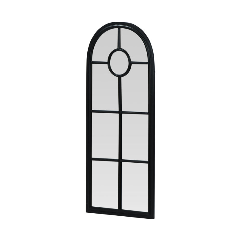 Distressed Arched Metal Wall Mirror with Window Pane, Black
