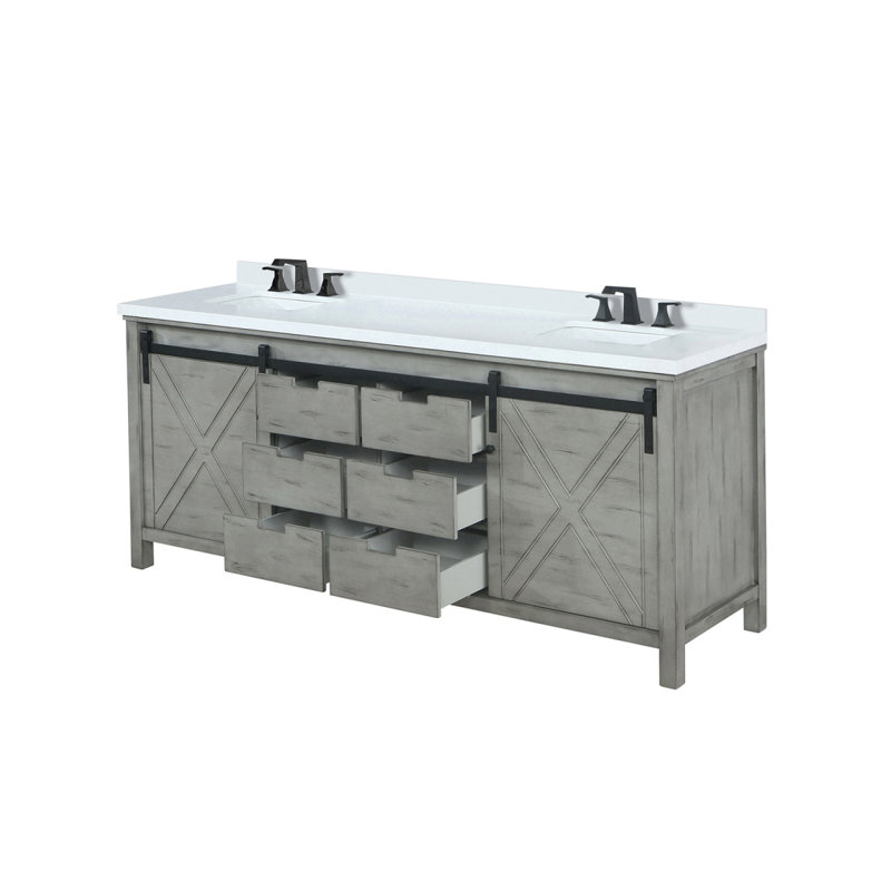 Meuble-lavabo double gris cendre 84 po X P 22 po D, ensemble de comptoir et robinet en marbre de culture, Bois de frêne gris