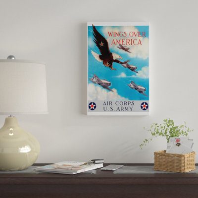 «Vintage War d'affiche d'un aigle à tête blanche volant dans le ciel avec des avions de chasse», affiche vintage sur toile
