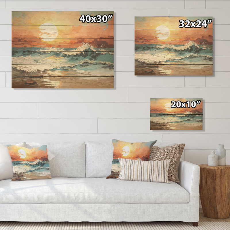 Bold Beach Sunset Scenery I - Coastal Sunset, art mural sur bois de pin naturel, H 24 po x l 32 po