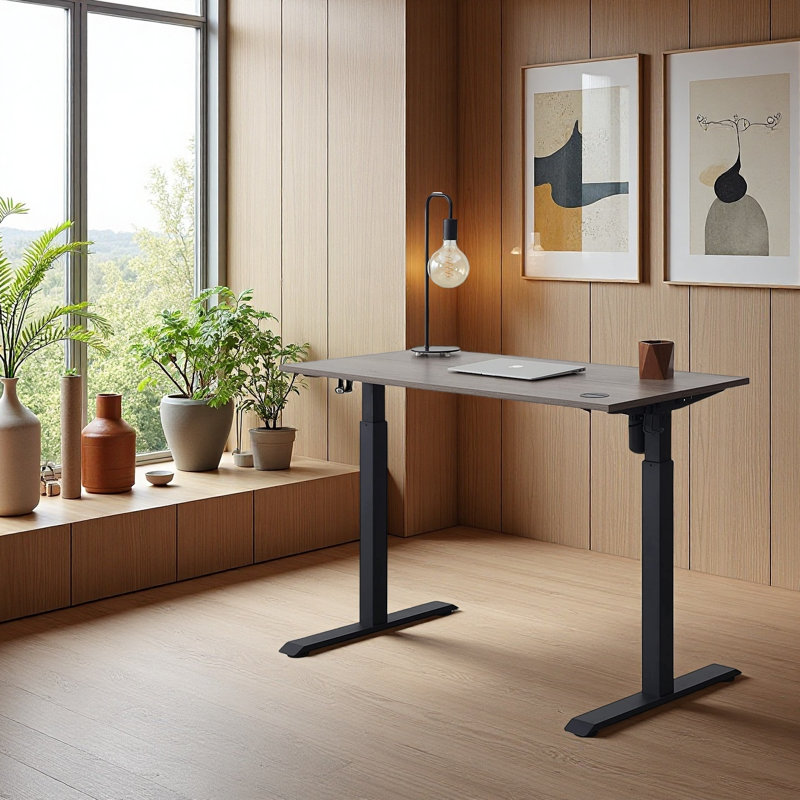 Jeetram Adjustable Metal Base Standing Desk, Gray Oak/Black