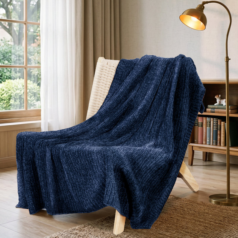 Jeté doux et moelleux en chenille réversible, Marine