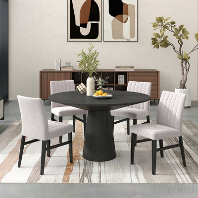 5-Piece Round Dining Set, Pedestal Dining Table With 4 Side Chairs, Tan