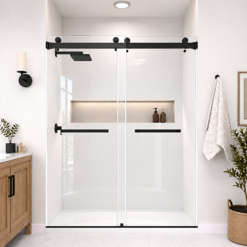 Porte de douche coulissante double noire mat sans cadre de 3/8 po x l 76 po x H 76 po Catalyst, Noir mat, L 66 po x H 76 po