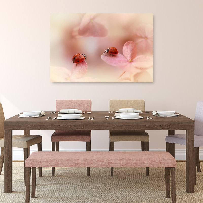 Ladybugs On Pink Petals Delicate Dreamy Peaceful Ladybug Flower Nature Wall Art Print by Ellen Van Deelen - Wrapped Canvas Print