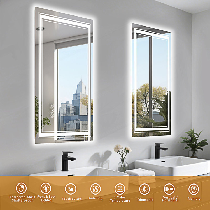  Miroir de salle de bain sans cadre à DEL, miroir intelligent, 28,03 po x 20,03 po