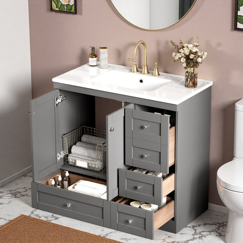 Free-standing Bathroom Vanity Cabinet With Ceramic Sink, 4 Drawers And Cabinet, Gray