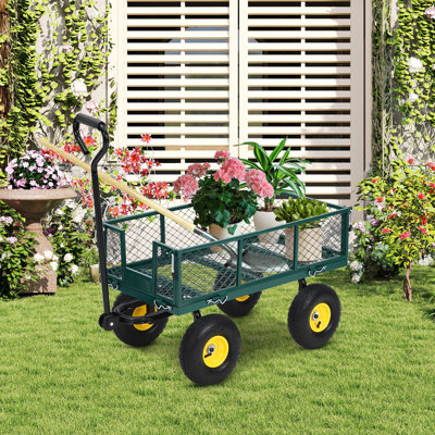 Chariot de jardin robuste en acier avec côtés amovibles, capacité de 900 lb, roues pneumatiques de 10 po, poignée pivotante à 180 ° pour une utilisation dans la cour, à la ferme et à l'extérieur