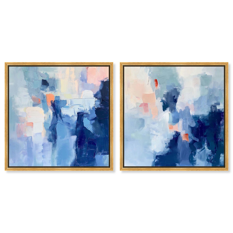 Oliver Gal Boundless Blues Set Abstract - Heavy Gel Top Coat Framed Canvas Art, 25" H x 25" W, Gold