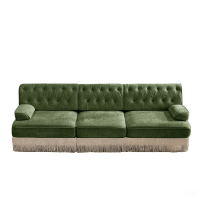 3-Seater Velvet Cloud Modular Sectional With Tassel Skirt, Button Tufted Design, High-Density Foam, And Premium Wooden Base For Living Room