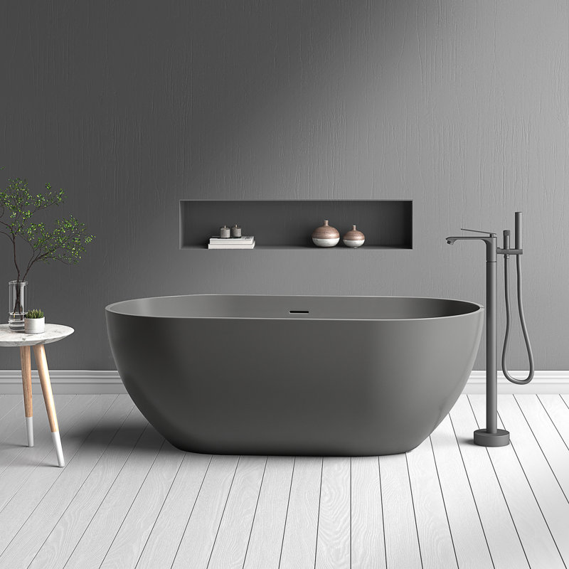 59'' x 29'' Freestanding Soaking Solid Surface Bathtub, Dark Gray