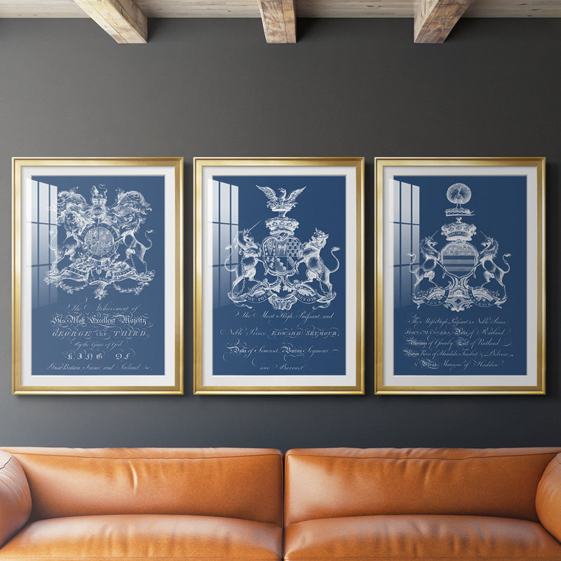 Heraldry on Navy I  -Custom Framed  Premium Print W Matt - 3 Pieces, 15" H x 19" W, Gold