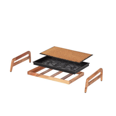 Premium Solid Wood Boot Tray Stand with Natural Coir Mat - Entryway & Mudroom Shoe Organizer