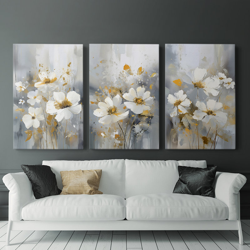Ensemble de 3 toiles tendues avec châssis Floral Series Series Cxxxvii - Prêt à être accroché, H 27 po x l 18 po