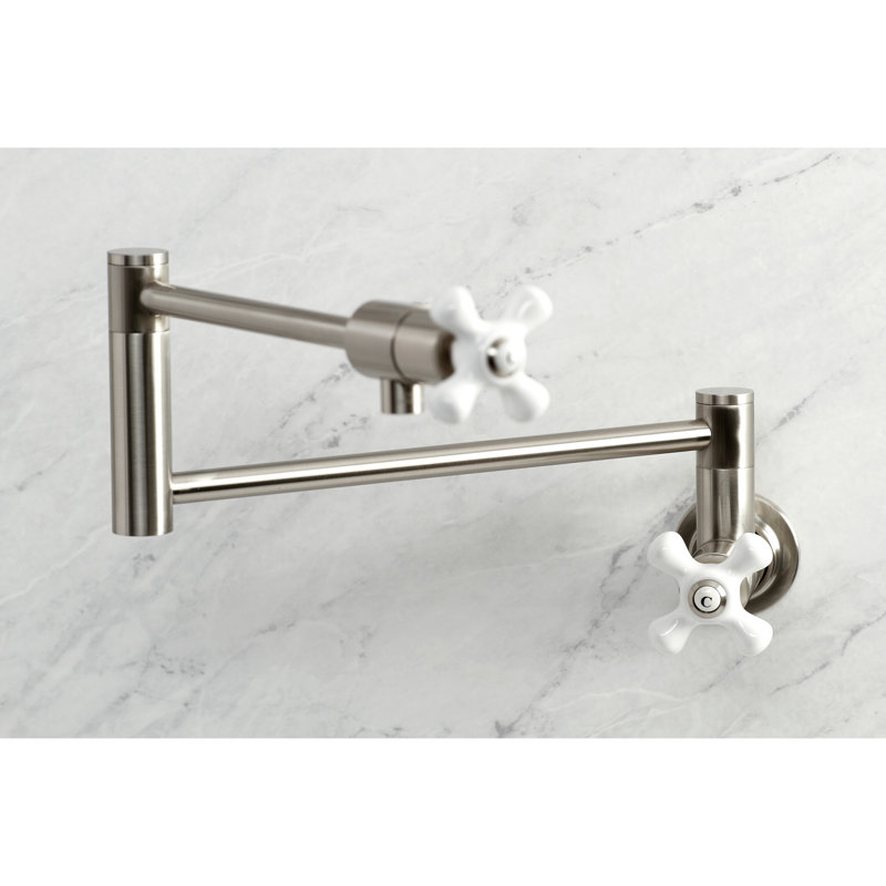 Kingston Brass Manhattan Two-Handle 1-Hole Wall Mount Pot Filler Faucet, Oil Rubbed Bronze/White, Cross