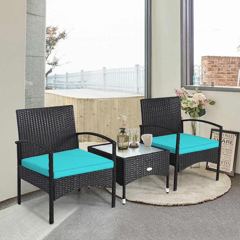 2 - Person Patio Conversation Set with Cushions, Turquoise
