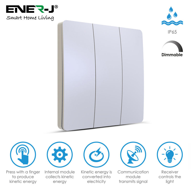 Ener - J 3 Gang Wireless Kinetic Switch IP65 White