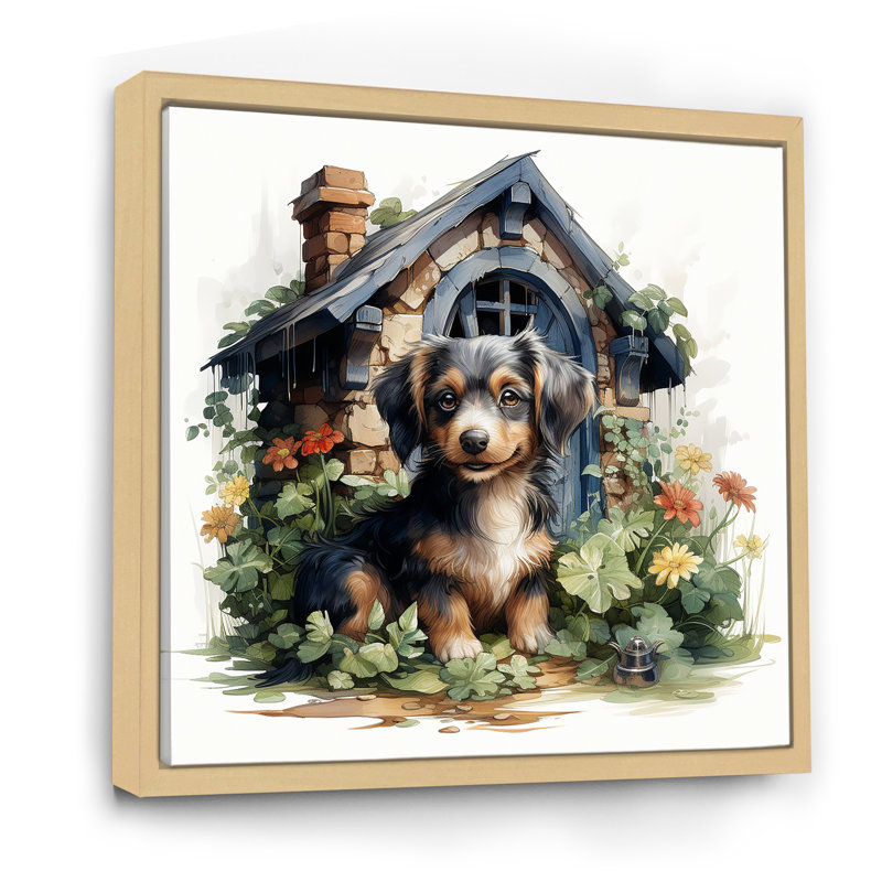 «Puppy Doghouse Blooms I», art mural chien, Cadre flottant brun, H 16 po x l 16 po x P 1 po