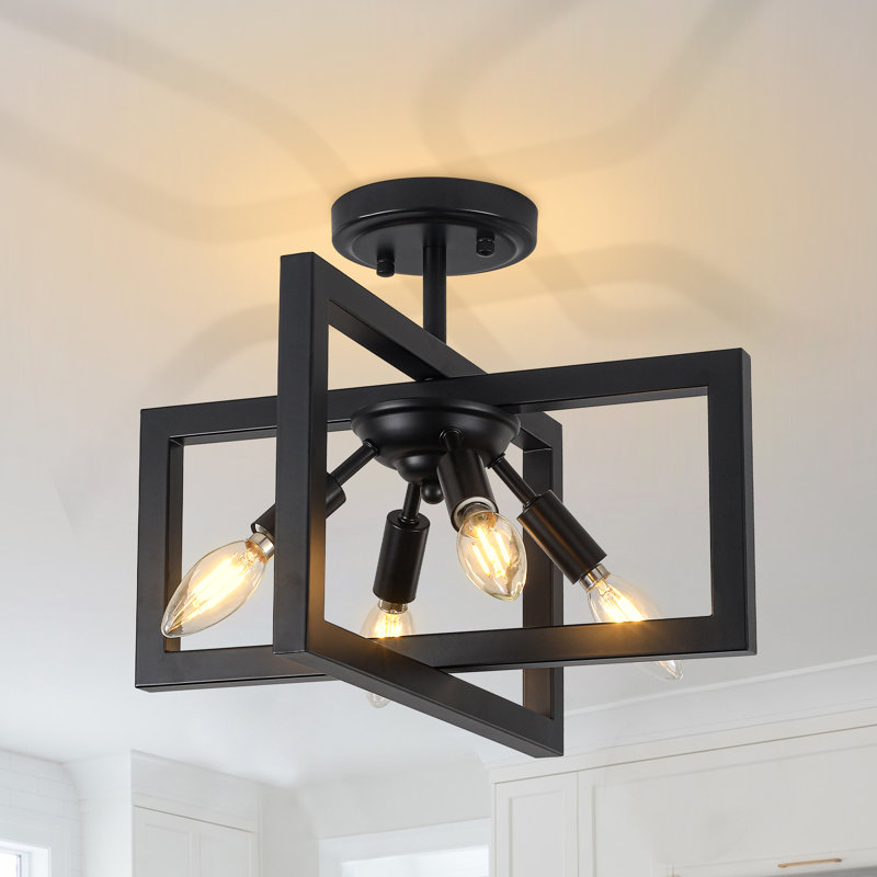 Andranae 4 - Light 14.6" Industrial Matte Black Square Semi Flush Ceiling Mount Light for Entryway, Matte Black