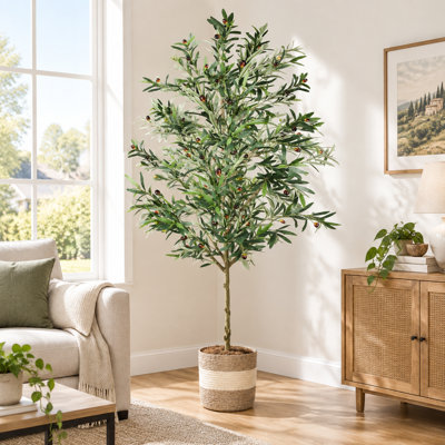 7 ft Artificial Olive Tree with Woven Basket & Planter – Realistic Faux Olive Tree with Lush Foliage & Fruits, Sturdy Weighted Base for Home, Office, or Patio Decor