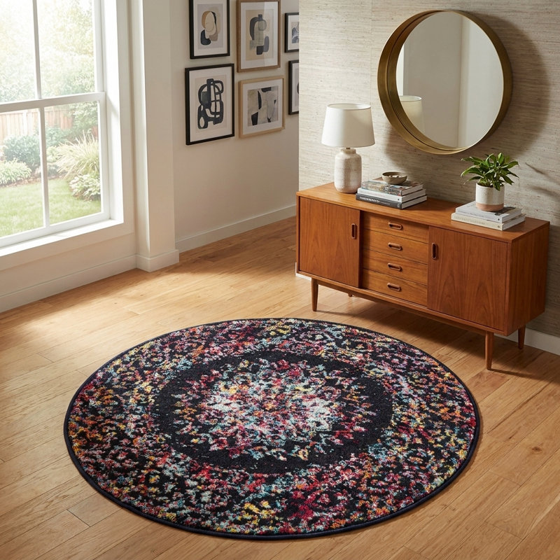 Tapis Sarah Daijanay, Rouge / Noir, Rond de 3 pi 1 po