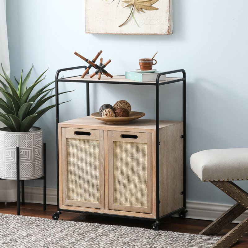 Natural Wood and Rattan Mobile Storage Cart with Wheels