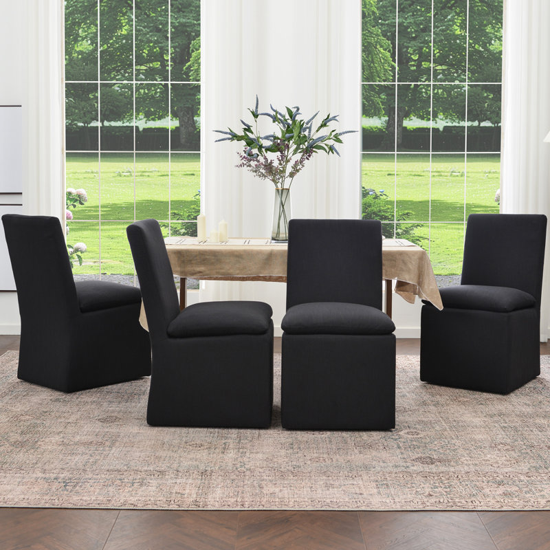 Chaise de salle à manger rembourrée en lin 21 po avec roulettes interchangeables et pieds fixes (ensemble de 4), Noir