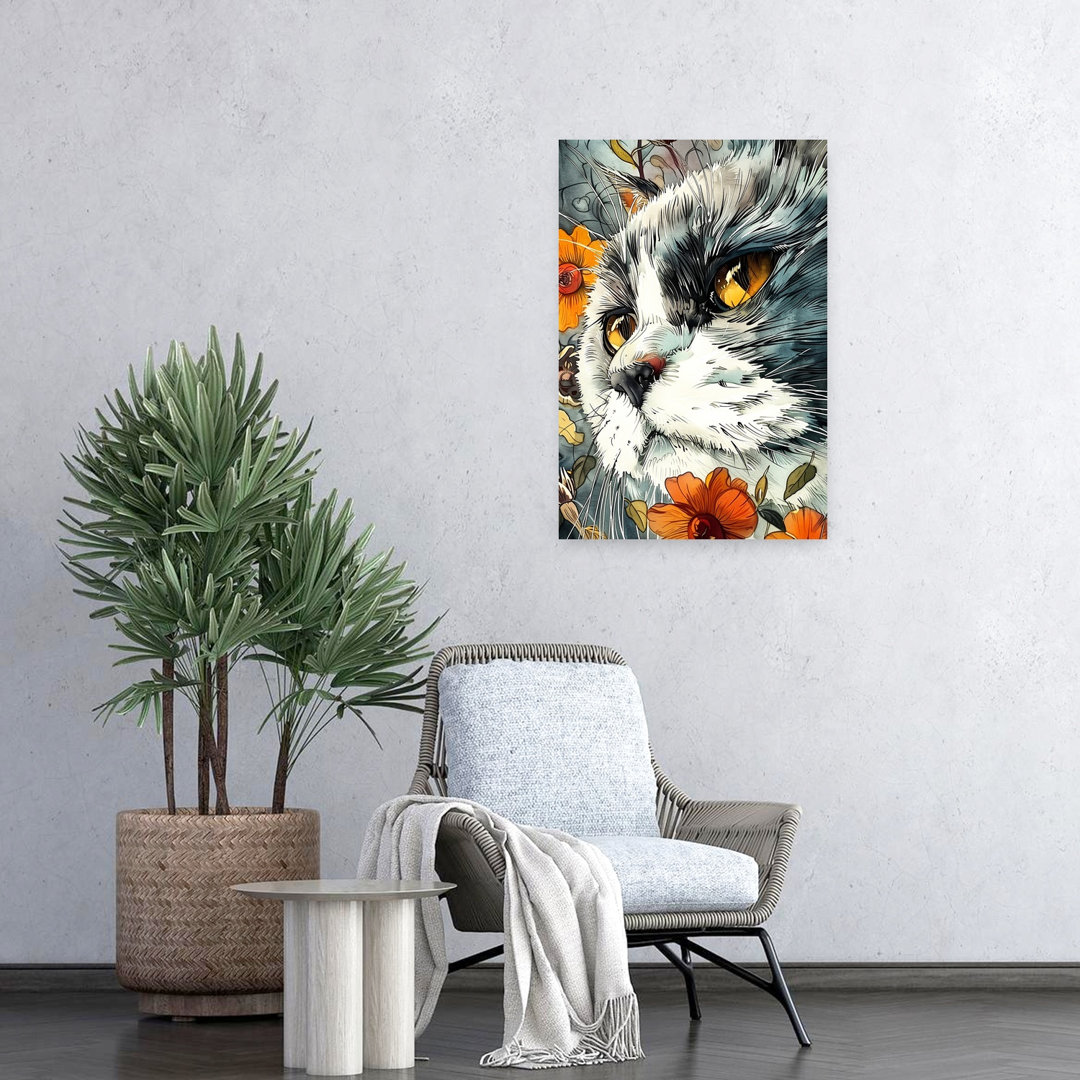 Feline Floral Gaze Contemporary Cat Flower Wall Art Print