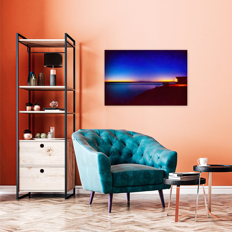 Tableau mural « Cabane sous les étoiles » : Paysage côtier coloré, paisible et serein, H 24 po x l 36 po