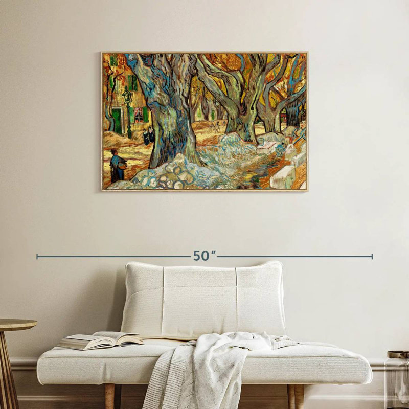 Les grands platanes, Floating Frame Natural Wood, 37 po x 25 po