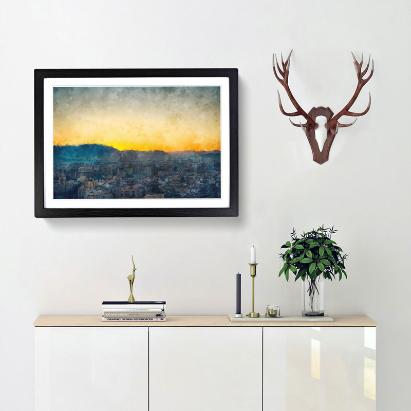 Sunset over Malaga in Spain - Picture Frame Painting Print, Black Framed, 24cm H x 33cm W x 2cm D