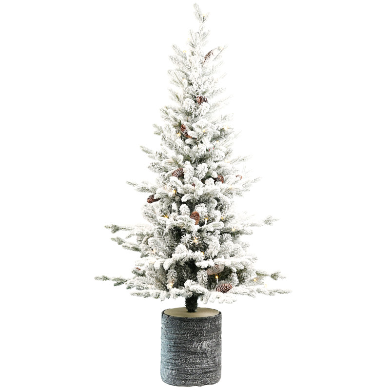 Arbre de Noël floqué avec base en pot, lumières à DEL blanc chaud, branches Pe + Pvc avec pommes de pin - petit arbre de fêtes pré-éclairé pour la table, l'entrée ou la décoration intérieure