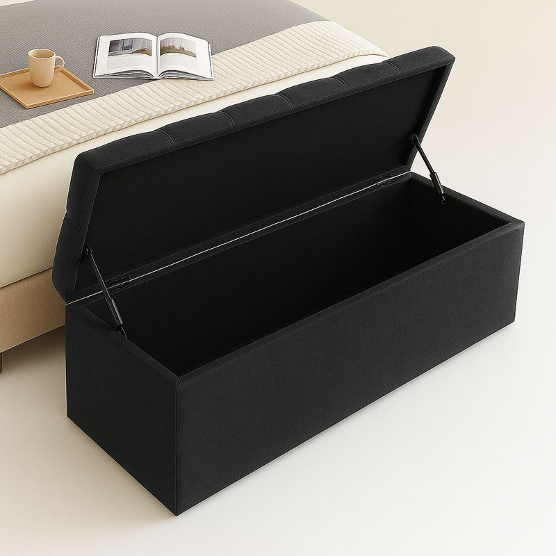 Divan Chesterfield Wide Velvet Rectangle Solid Color Standard Ottoman Box with Storage, Black, 40cm H x 180cm W x 40cm D