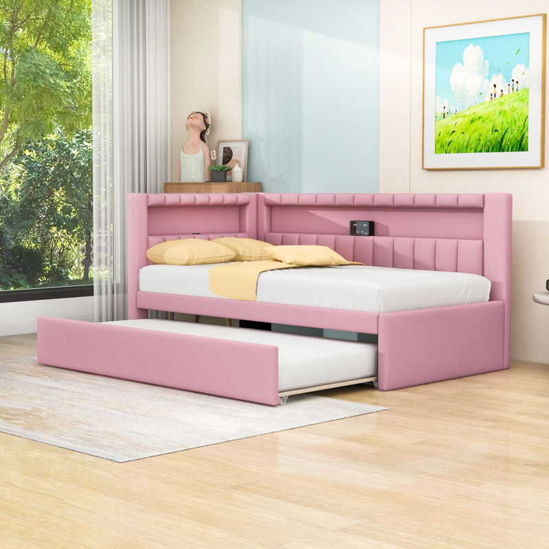 Twin Upholstered Daybed with Trundle and USB and LED Belt, Pink