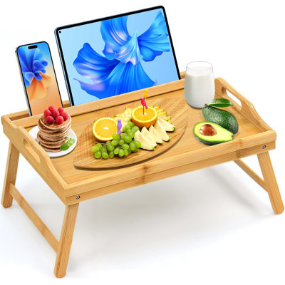 Bamboo Bed Tray with Media Slot – Folding Breakfast Serving Table with Handles