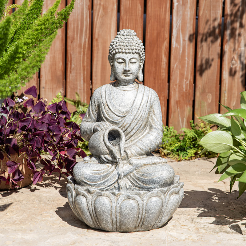23.25"H Zen Style Concrete Meditating Buddha Statue Polyresin Outdoor Fountain With Pump And LED Light (KD)