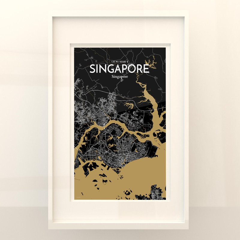 Carte de la ville de Singapour, impression, H 17 po x l 11 po, Noir et or