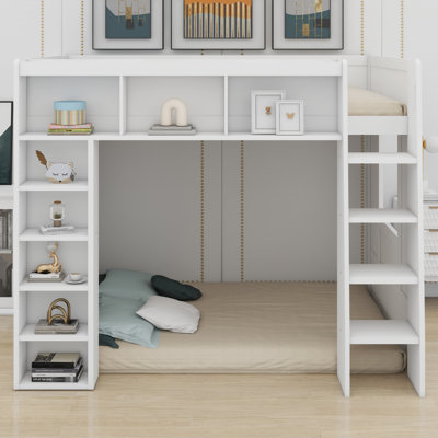 Functional Loft Bed With Ample Wooden Storage Shelves