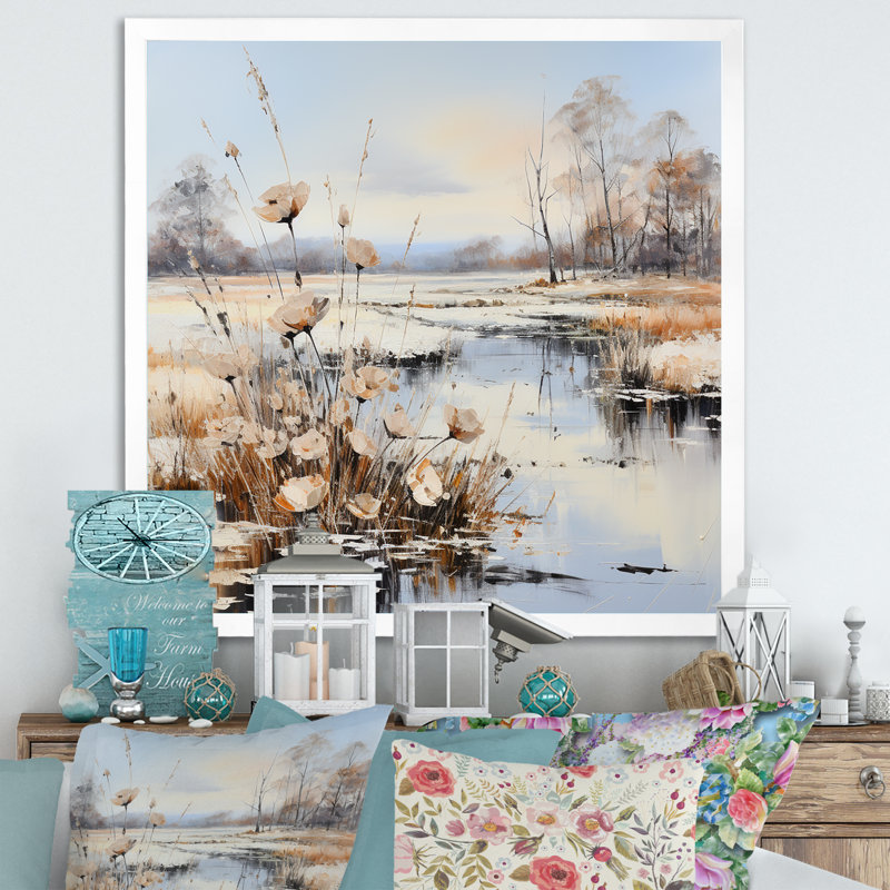 Charme de rivière en hiver, Cadre simple blanc, H 24 po x l 24 po x P 1 po