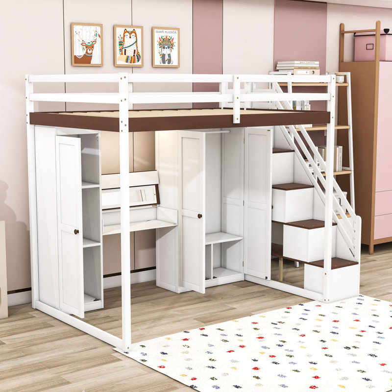 Lit mezzanine double avec rangement pour escalier et port USB intégré, caractéristiques DEL, Blanc / Brun